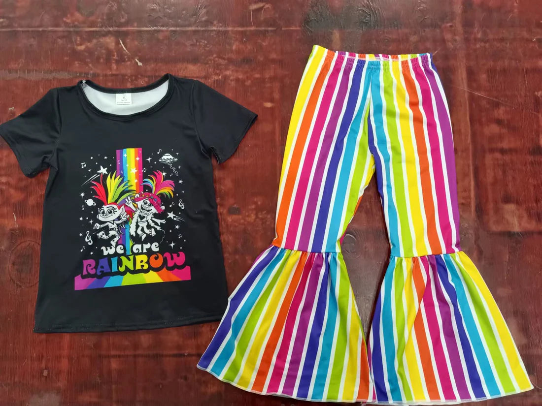 (Custom Design Preorder MOQ 5) Cartoon Characters Top Rainbow Bell Pants Girls Clothes Set