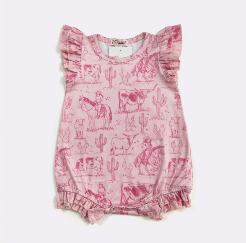 (Custom Design Preorder MOQ 5) Cowgirl Pink Print Baby Girls Summer Romper