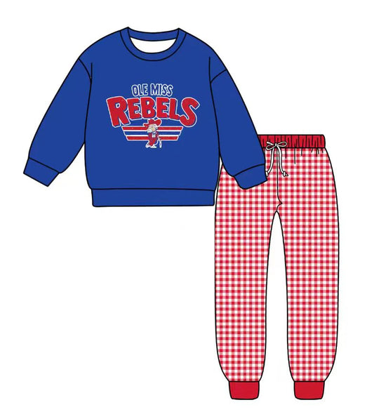 (Custom Design Preorder MOQ 5) Team's OLE MISS Top Plaid Pants Boys Fall Clothes Set