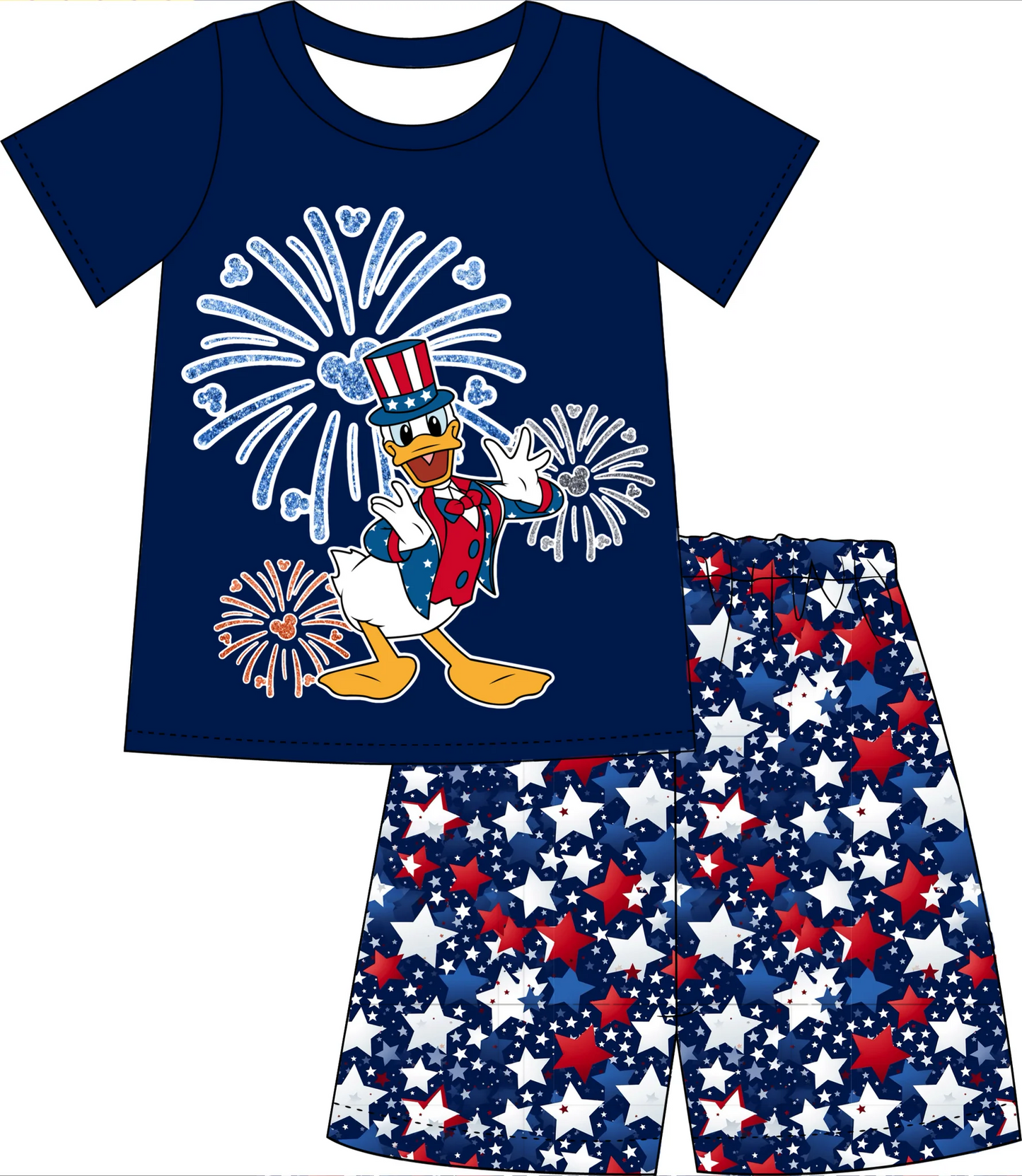 (Custom Design Preorder MOQ 5) Cartoon Duck Print Boys 4th of July Clothes Set