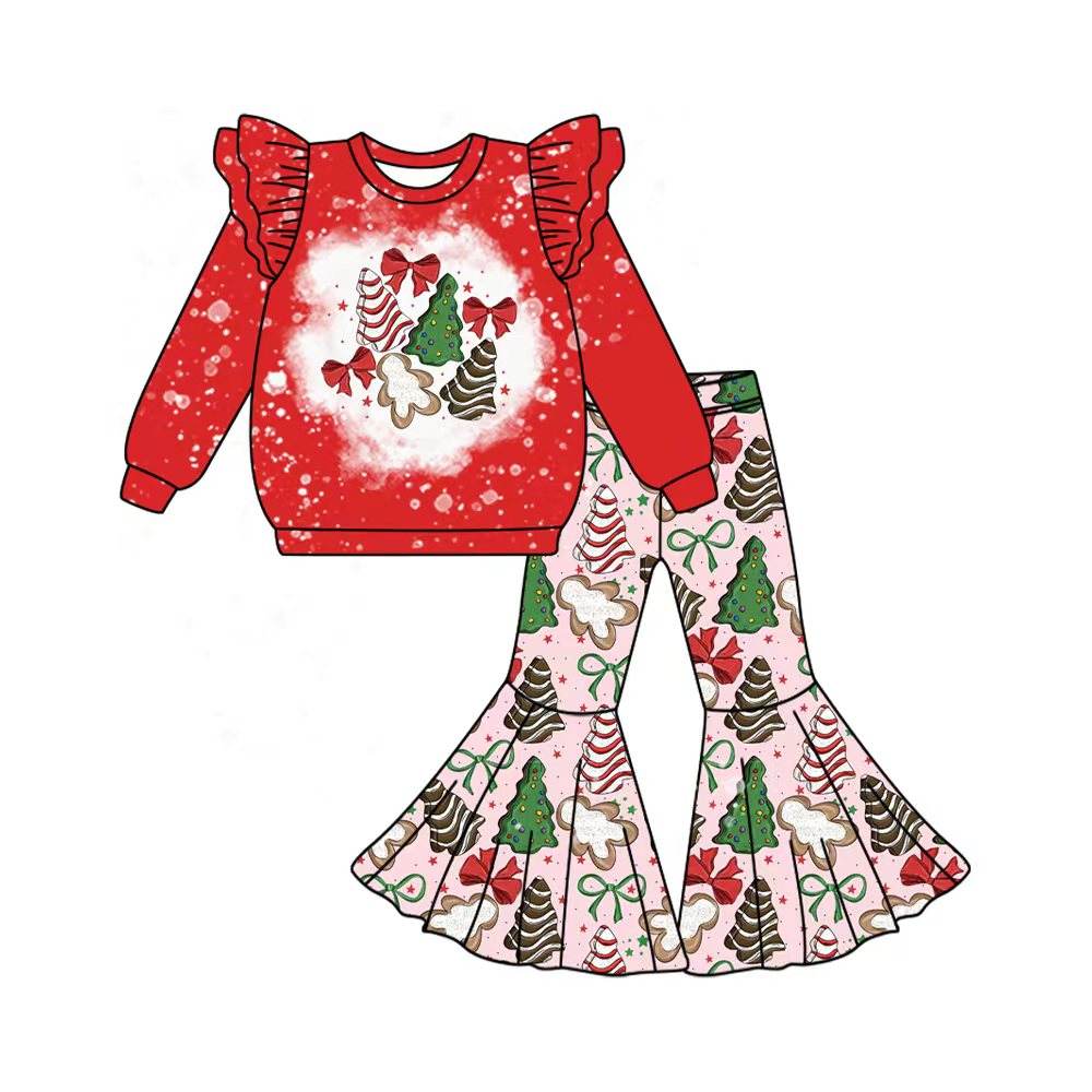 (Custom Design Preorder MOQ 5 Each Design) Cake Tree Bows Print Girls Christmas Matching Clothes Sisters Wear