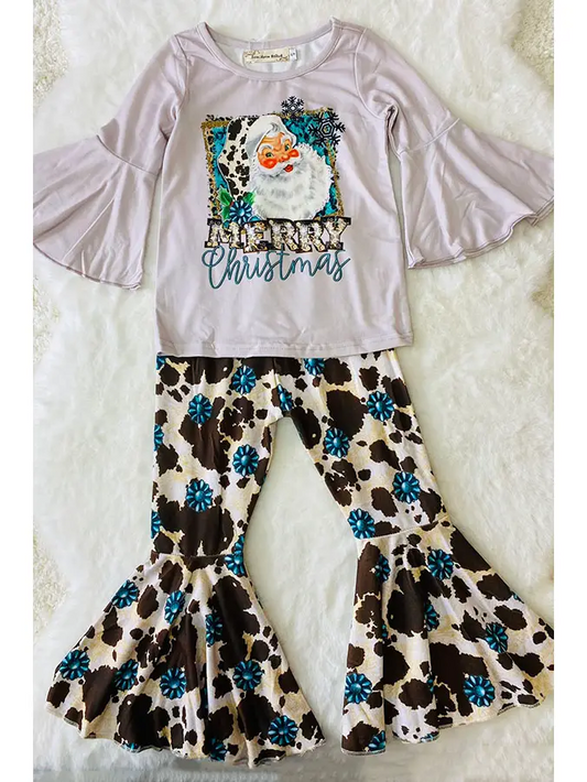 (Custom Design Preorder MOQ 5) Santa Top Turquoise Bell Pants Girls Christmas Clothes Set