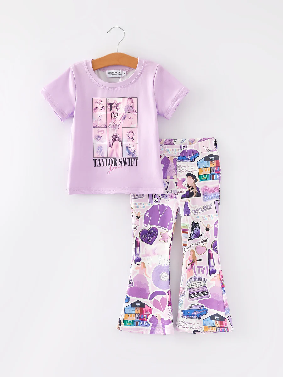 (Custom Design Preorder MOQ 5) Singer Swiftie Purple Print Girls Clothes Set