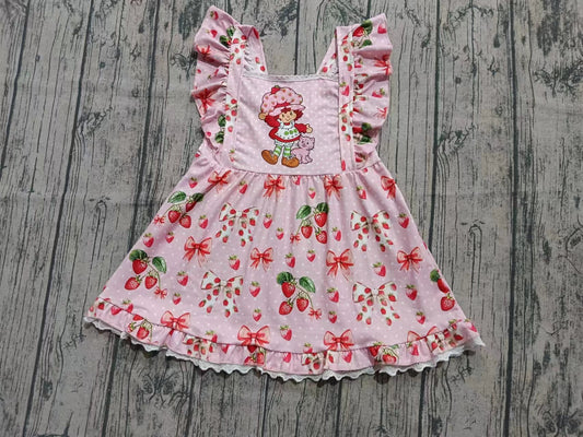 (Custom Design Preorder MOQ 5 ) Strawberry Bows Pink Print Girls Summer Knee Length Dress