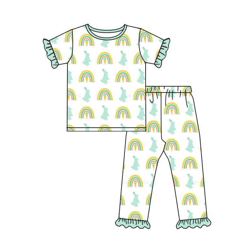 (Custom Design Preorder MOQ 5) Rainbow Bunny Print Girls Easter Pajamas Clothes Set
