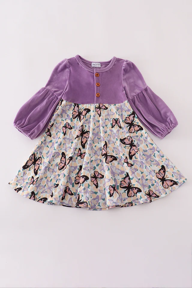 (Custom Design Preorder MOQ 5 ) Purple Velvet Butterfly Girls Fall Knee Length Dress