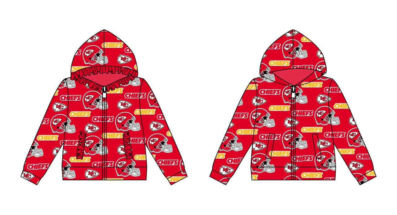 (Custom Design Preorder MOQ 5 ) Team's KC Chiefs Red Print Boys Fall Zipper Hoodie Top