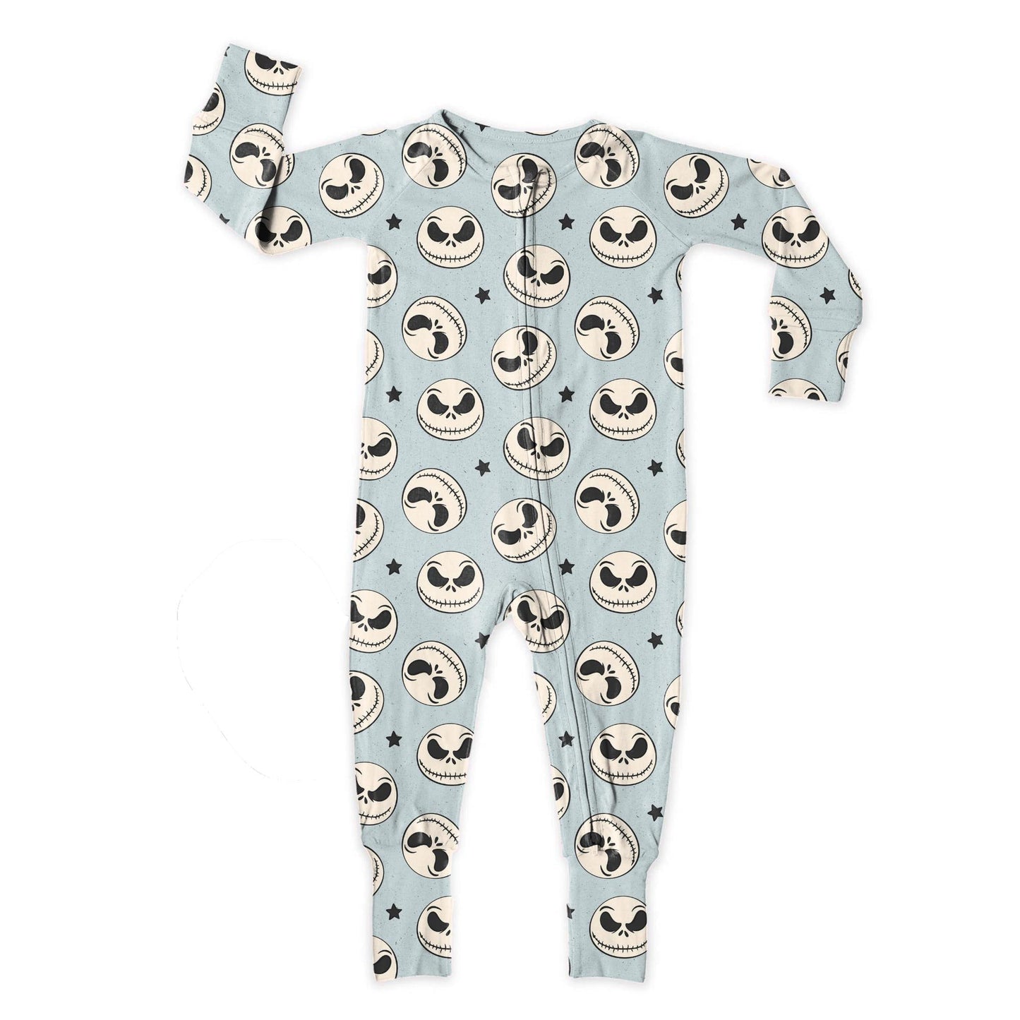 (Custom Design Preorder MOQ 5)  Smiling Face Skull Print Baby Boys Halloween Sleeper Zipper Romper