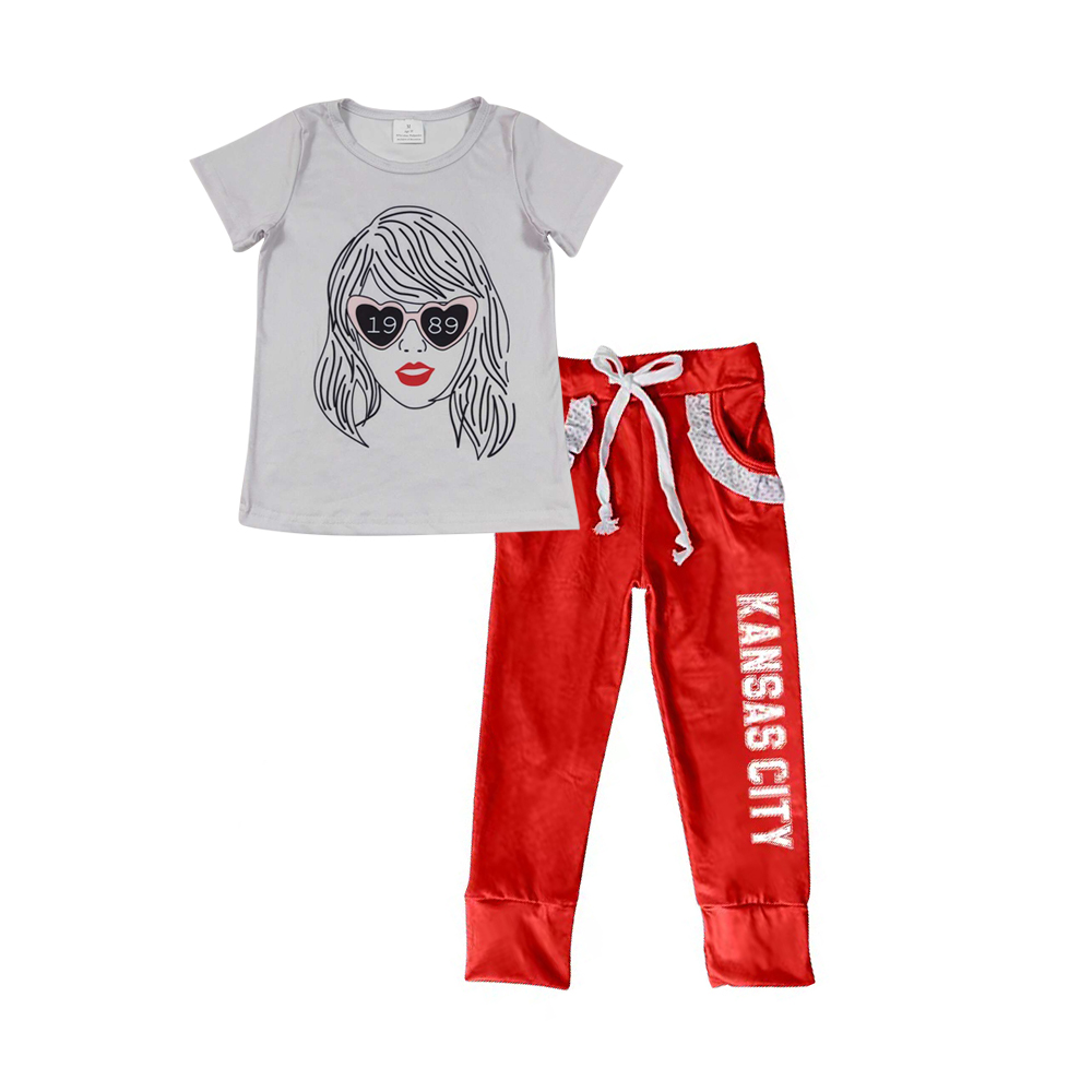 (Custom Design Preorder MOQ 5) Singer Swiftie Grey Top Red Pants Girls Clothes Set