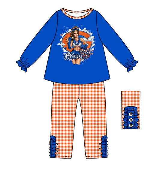 (Custom Design Preorder MOQ 5) Team's Florida Gators Cheer Top Plaid Pants Girls Fall Clothes Set