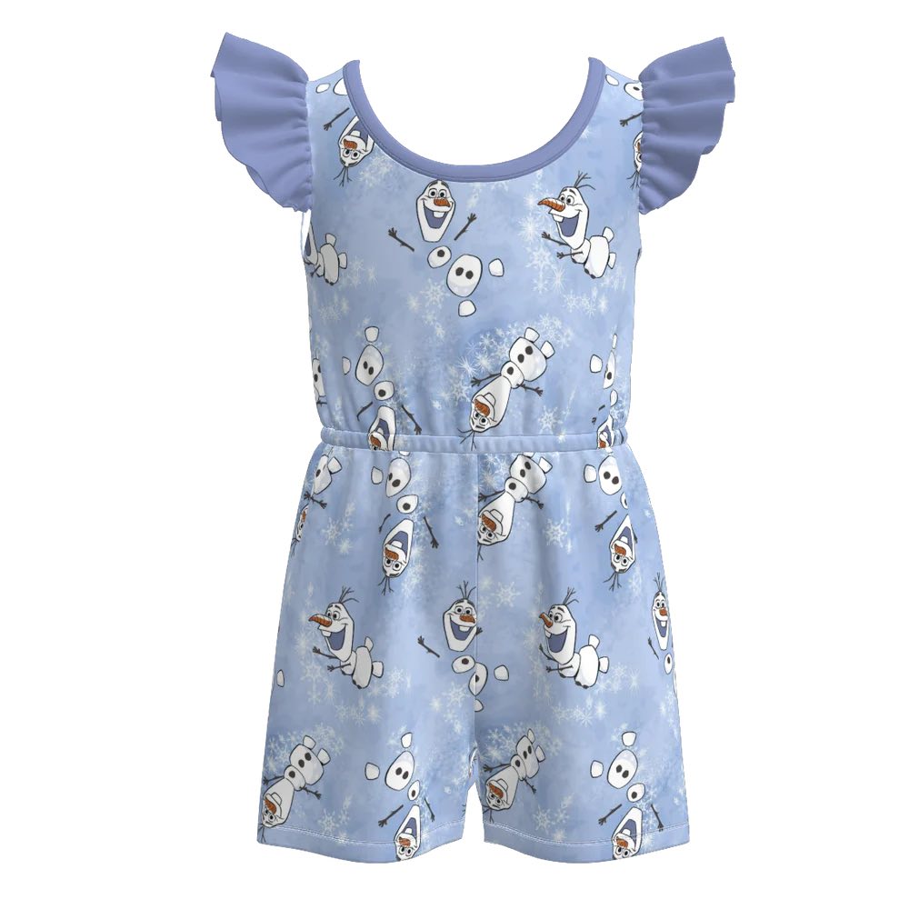 (Custom Design Preorder MOQ 5) Cartoon Snowman Print Girls Summer Jumpsuits