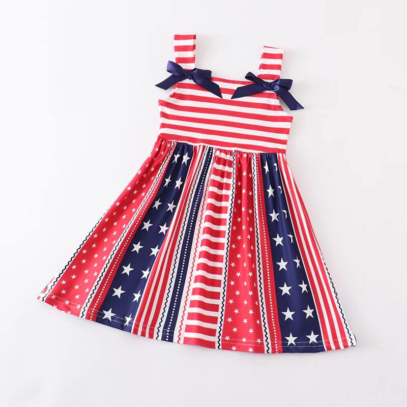 (Custom Design Preorder MOQ 5) Red Stripes Stars Print Girls Knee Length 4th of July Dress