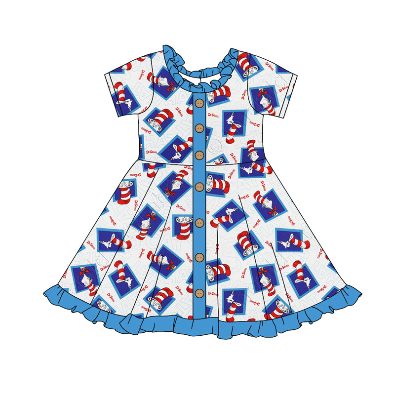 (Custom Design Preorder MOQ 5) Dr.Reading Blue Print Girls Knee Length Dress