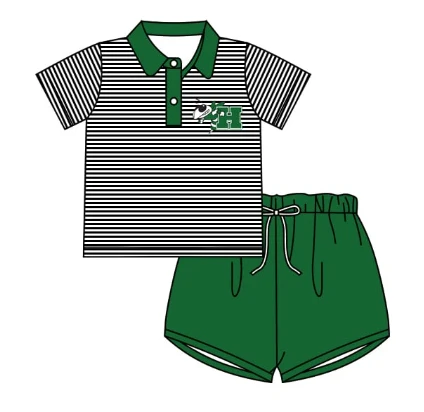 (Custom Design Preorder MOQ 5 ) Team's Bee H Polo Top Green Shorts Boys Summer Clothes Set