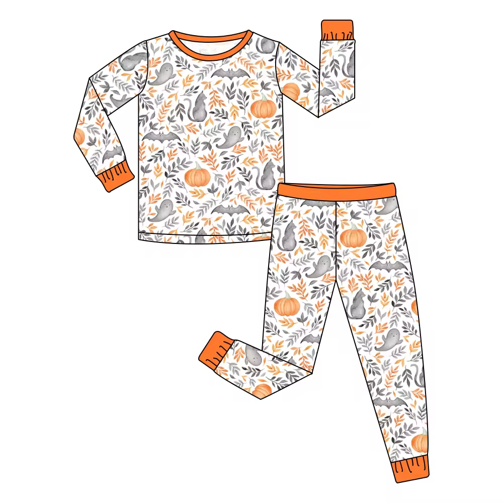 (Custom Design Preorder MOQ 5) Ghost Pumpkin Print Girls Halloween Pajamas Clothes Set