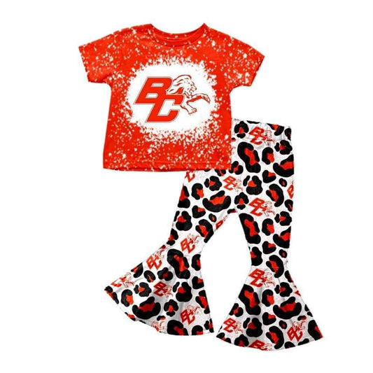 (Custom Design Preorder MOQ 5) Team's BC Red Print Leopard Bell Pants Girls Clothes Set