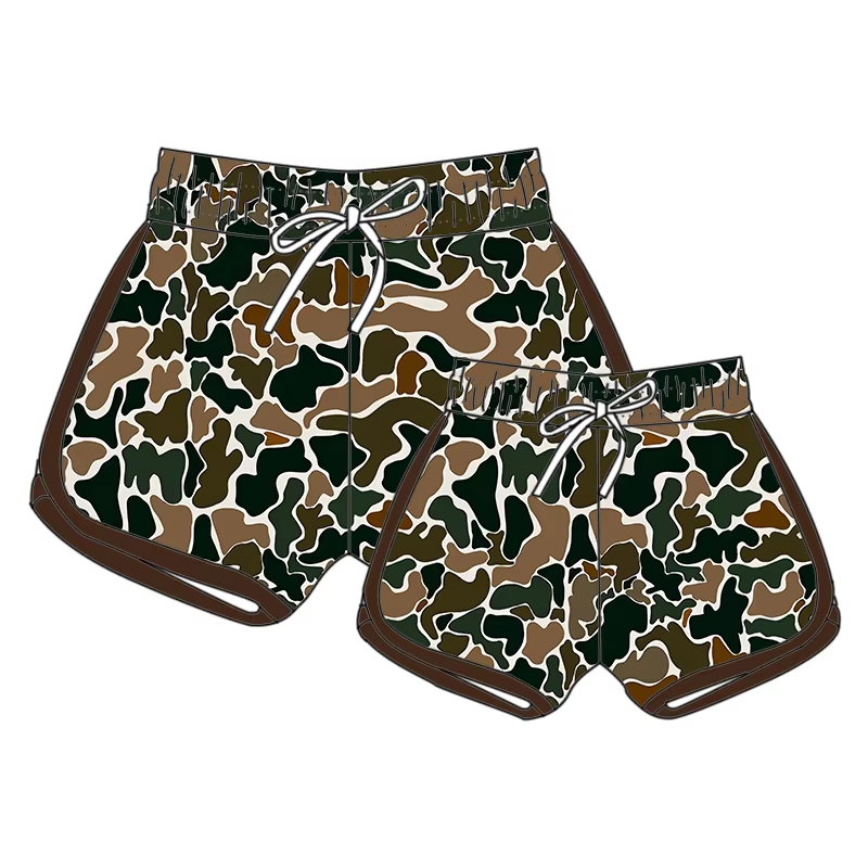 (Custom Design Preorder MOQ 5 Each Design) Brown Camo Print Summer Bottom Sports Shorts Mom and Me Matching Clothes