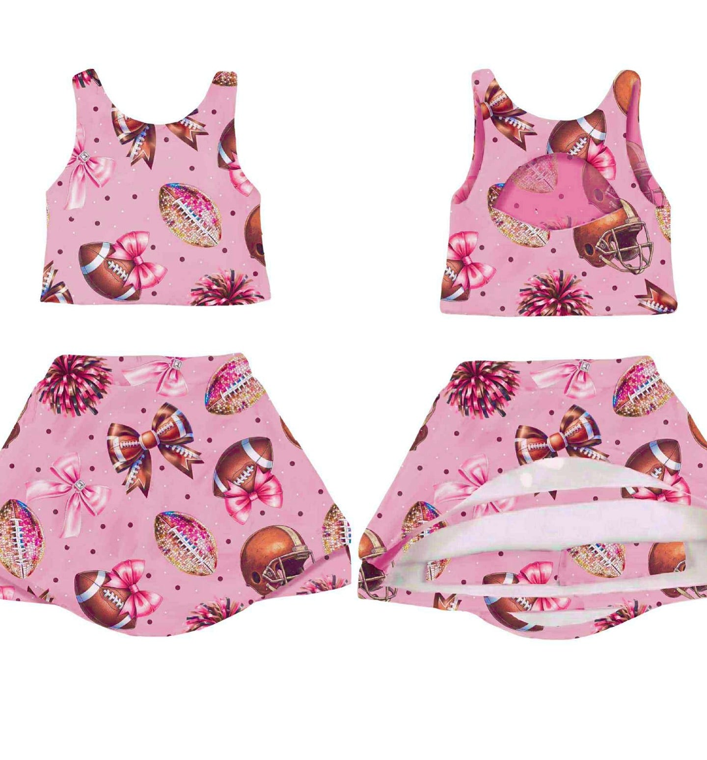 (Custom Design Preorder MOQ 5) Football Bows Pink Print Shorts Skirts Girls Summer Yoga Clothes Set