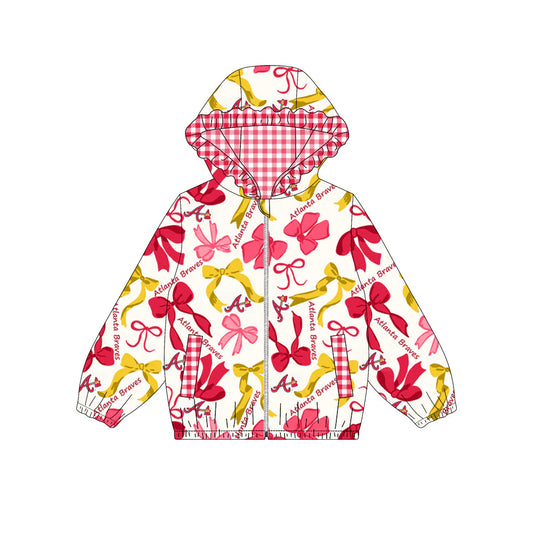 (Custom Design Preorder MOQ 5) Team's ATLANTA BRAVES Bows Print Pockets Girls Long Sleeve Zipper Jackets Top