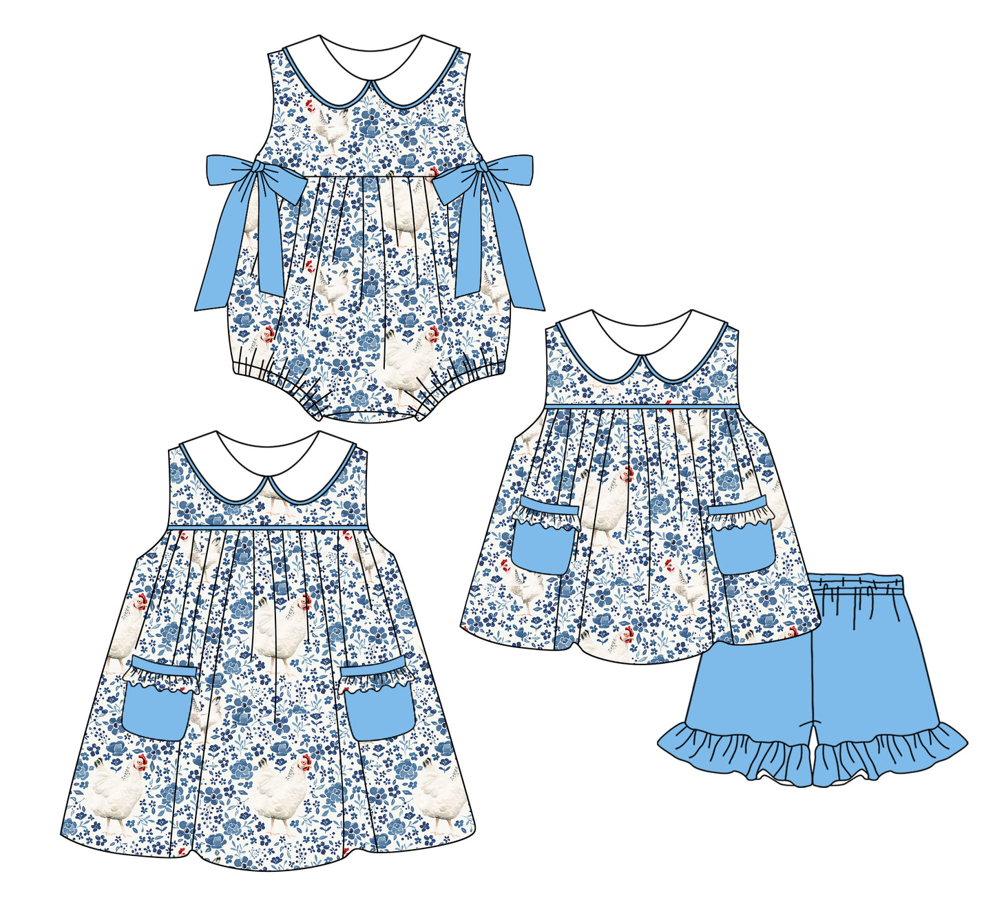 2.24(Custom Design Preorder MOQ 5 Each Design) Blue Flowers Chicken Print Girls Summer Matching Clothes Sisters Wear