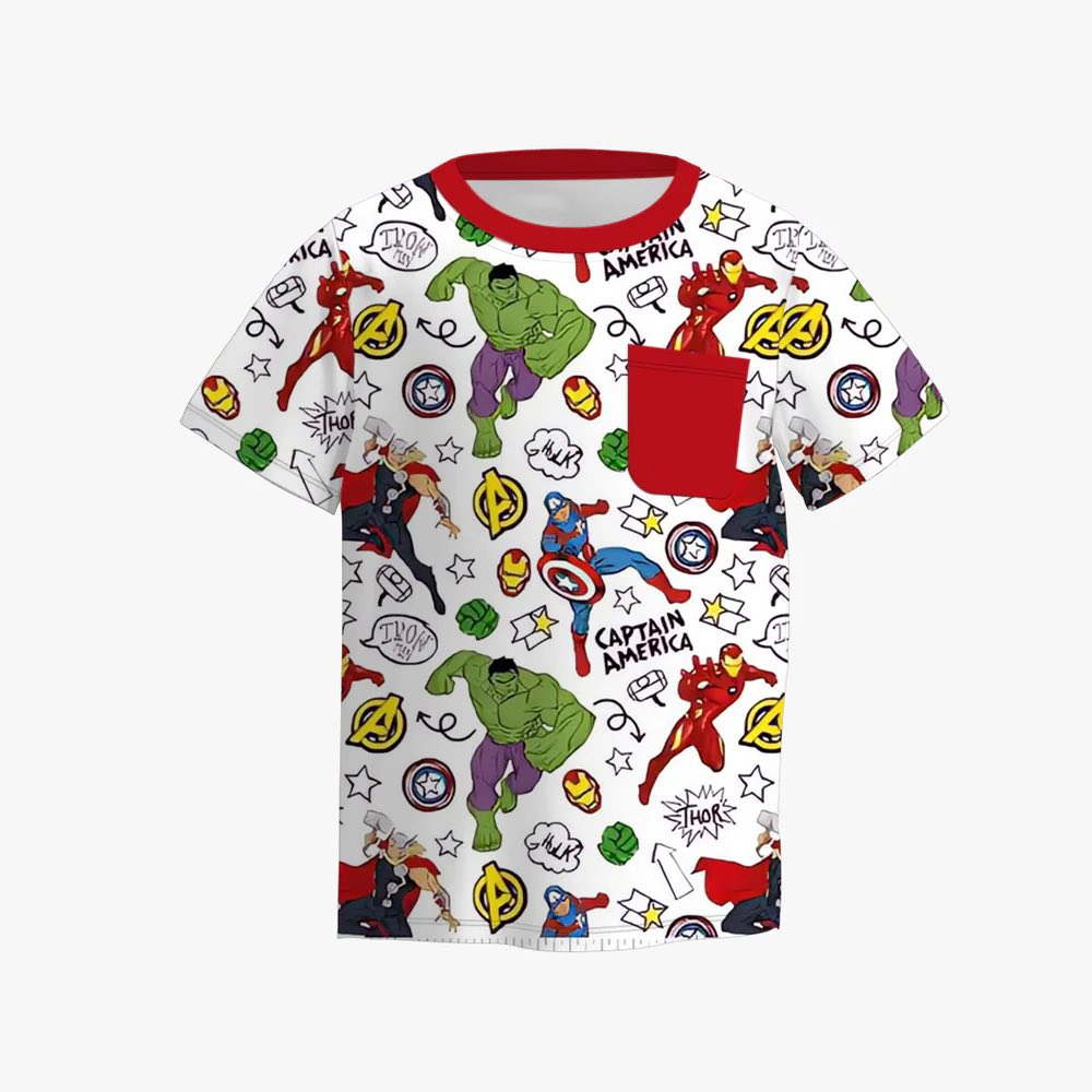 (Custom Design Preorder MOQ 5) Cartoon Hero Print Kids Summer Tee Shirts Top