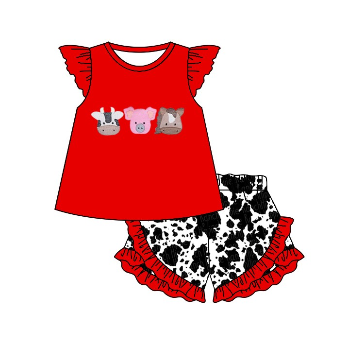 (Custom Design Preorder MOQ 5)Cow Pig Horse Red Top Cowhide Shorts Girls Summer Clothes Set