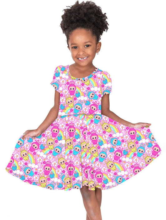 (Custom Design Preorder MOQ 5 ) Cartoon Labub* Rainbow Print Girls Knee Length Dress