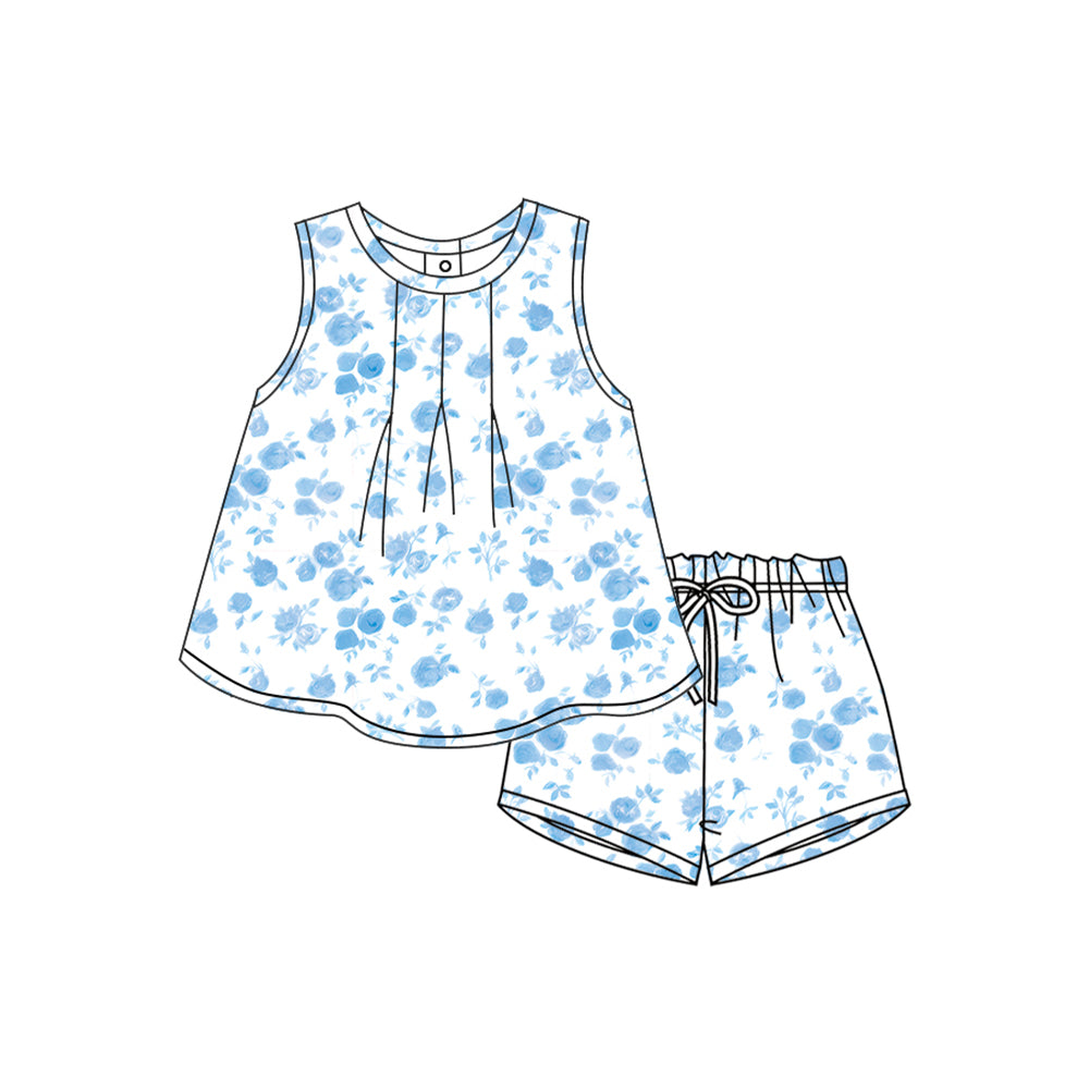 12.10(Custom Design Preorder MOQ 5) Blue Flowers Sleeveless Top Shorts Girls Summer Clothes Set