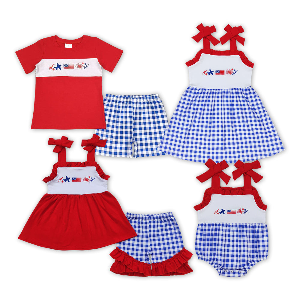 Airplane Flag Fireworks Embroidery Blue Plaid Print Sibling 4th of July Matching Clothes