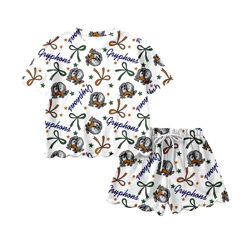 (Custom Design Preorder MOQ 5) Teams Gryphons Bows Print Girls Summer Scallop Clothes Set