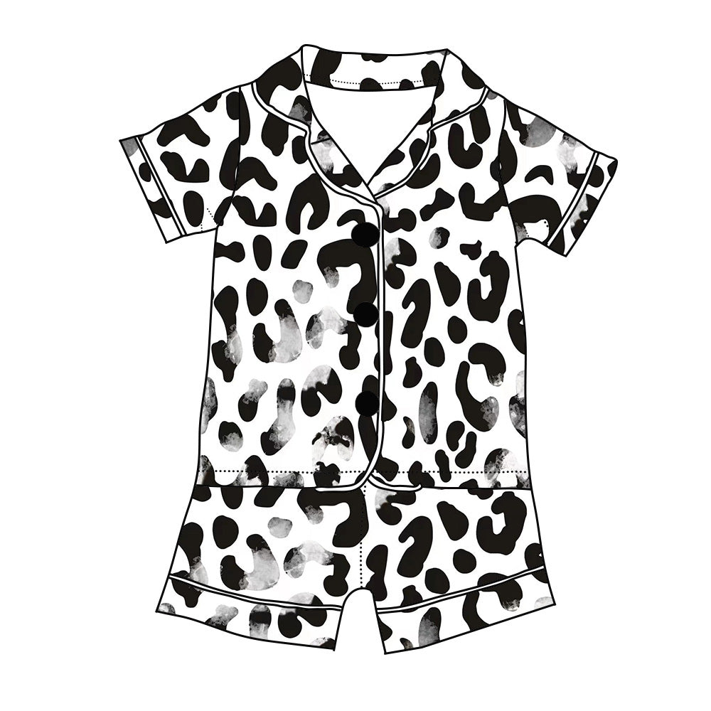 (Custom Design Preorder MOQ 5) Black Leopard Print Girls Summer Buttons Pajamas Clothes Set