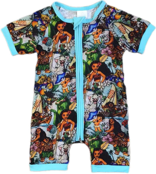 (Custom Design Preorder MOQ 20)  Cartoon Princess Blue Print Baby Girls Bamboo Summer Sleeper Zipper Romper