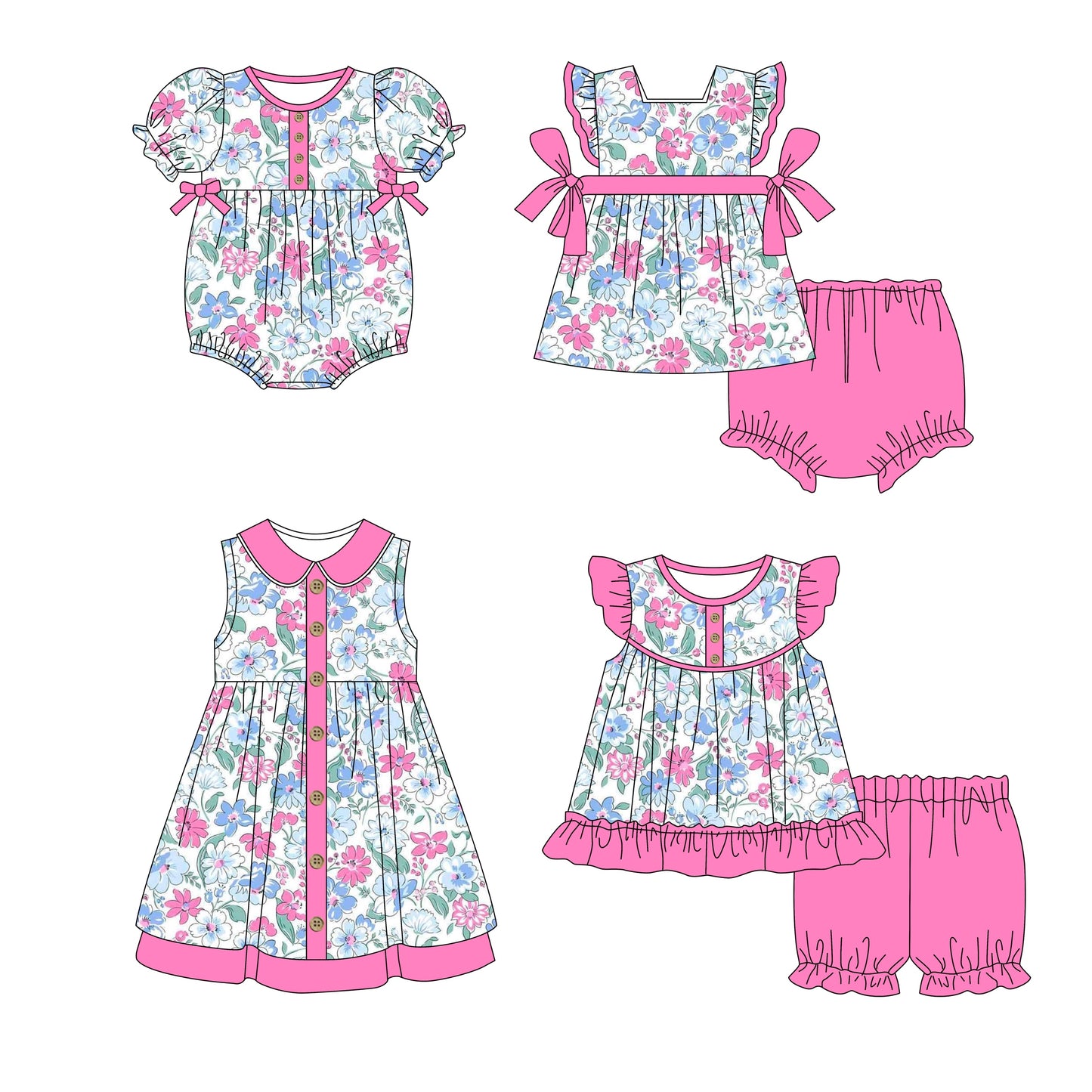 11.7(Custom Design Preorder MOQ 5 Each Design) Hotpink Flowers Print Girls Summer Matching Clothes Sisters Wear