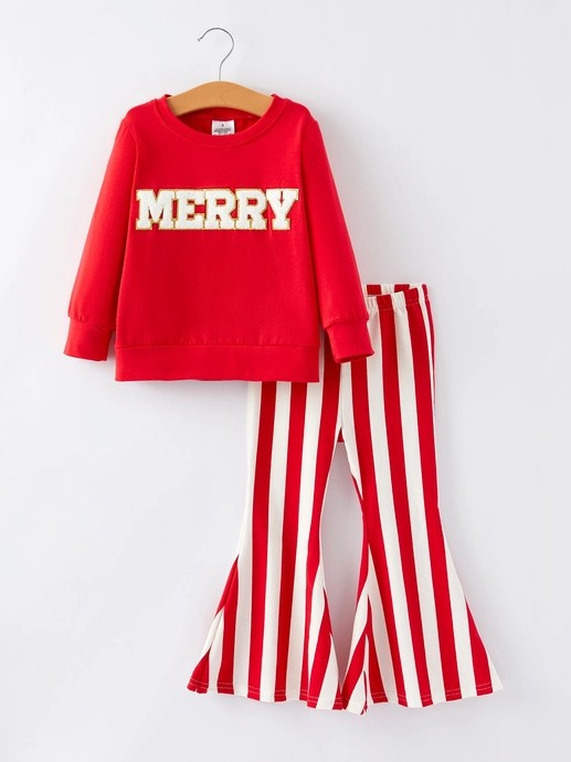 (Custom Design Preorder MOQ 5) Merry Top Red Stripes Bell Pants Girls Christmas Clothes Set