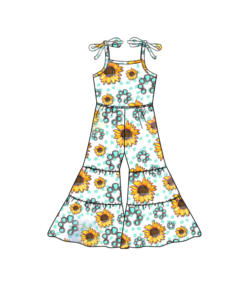 (Custom Design Preorder MOQ 5) Turquoise Sunflowers Print Girls Jumpsuit