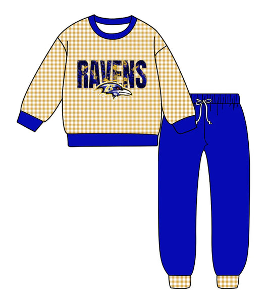 (Custom Design Preorder MOQ 5) Team's RAVENS Plaid Print Blue Pants Kids Fall Clothes Set