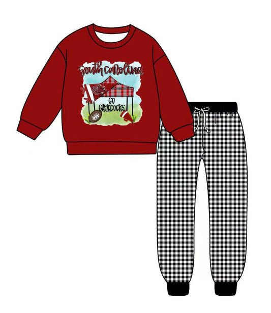 (Custom Design Preorder MOQ 5) Team's Gamecock Top Plaid Pants Boys Fall Clothes Set