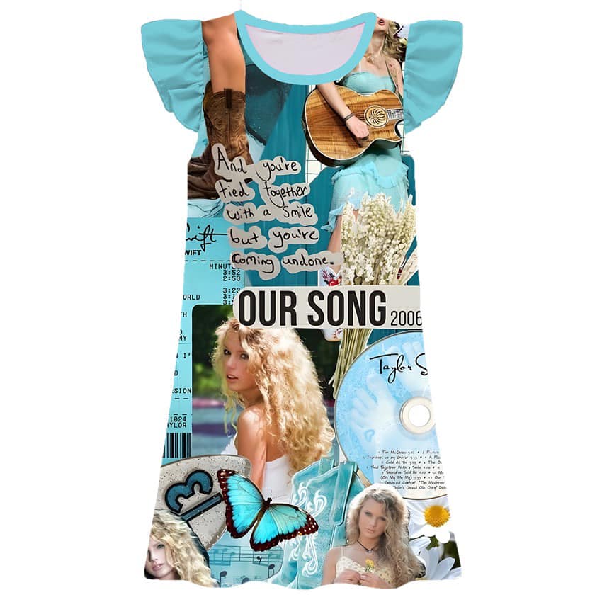 11.22(Custom Design Preorder MOQ 5) Singer Swiftie Blue Print Girls Flutter Sleeve Knee Length Dress