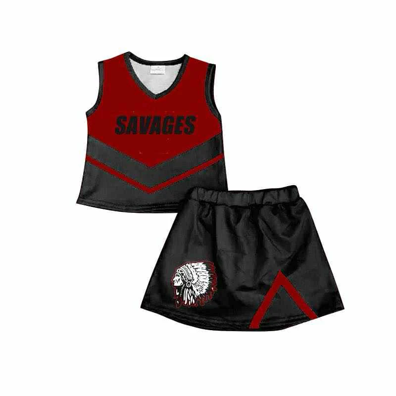 (Custom Design Preorder MOQ 5 ) Team's SAVAGES Black Print Skirts Shorts Girls Summer Clothes Set