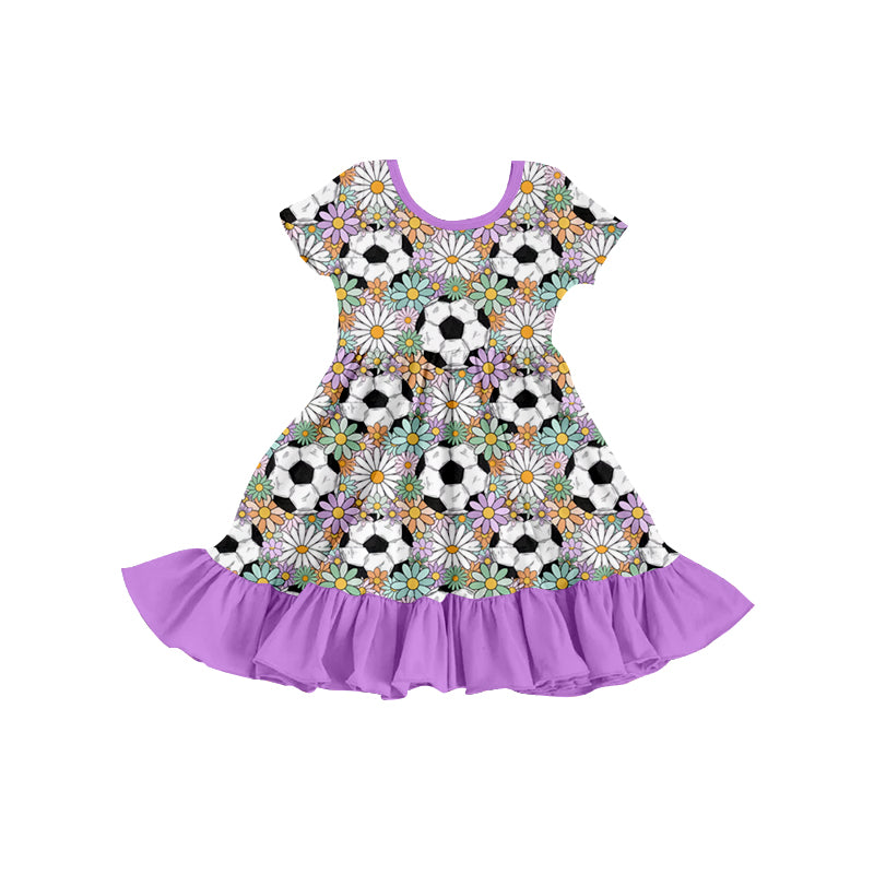 (Custom Design Preorder MOQ 5) Soccer Flowers Print Girls Knee Length Summer Dress