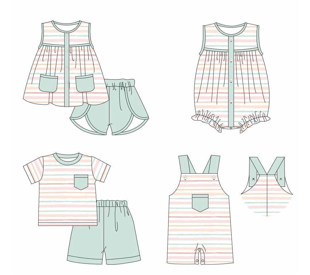 3.10(Custom Design Preorder MOQ 5 Each Design) Stripes Print Kids Summer Matching Clothes Sibling Wear