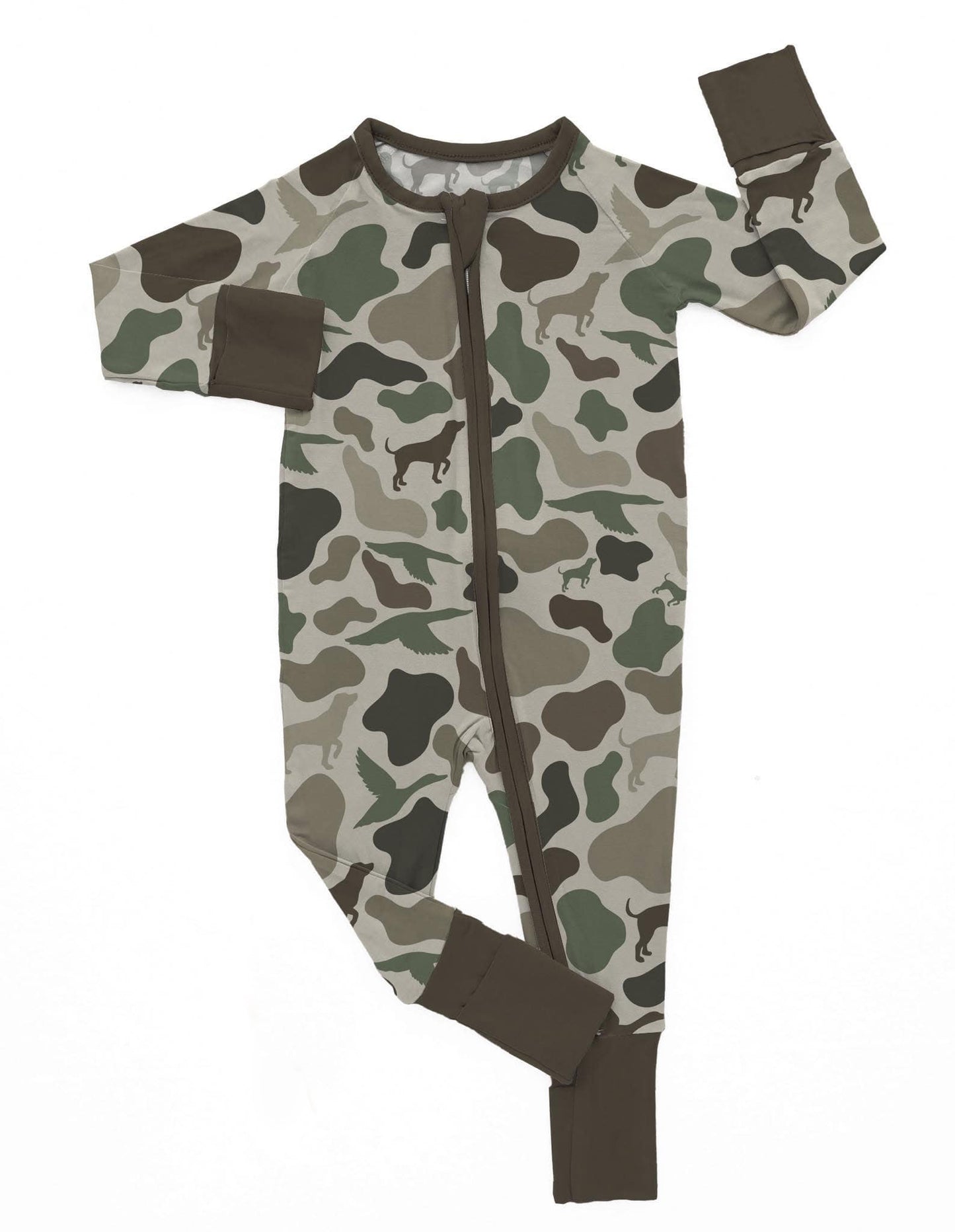 (Custom Design Preorder MOQ 20) Camo Dog Hunting Print Baby Boys Bamboo Sleeper Zipper Romper