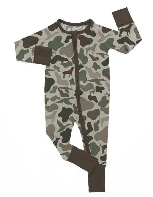 (Custom Design Preorder MOQ 20)  Camo Dog Hunting Print Baby Boys Bamboo Sleeper Zipper Romper