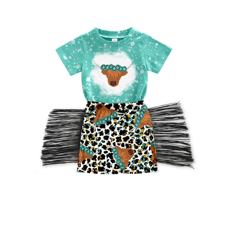 (Custom Design Preorder MOQ 5) Highland Cow Turquoise Top Leopard Skirts Girls Western Clothes Set