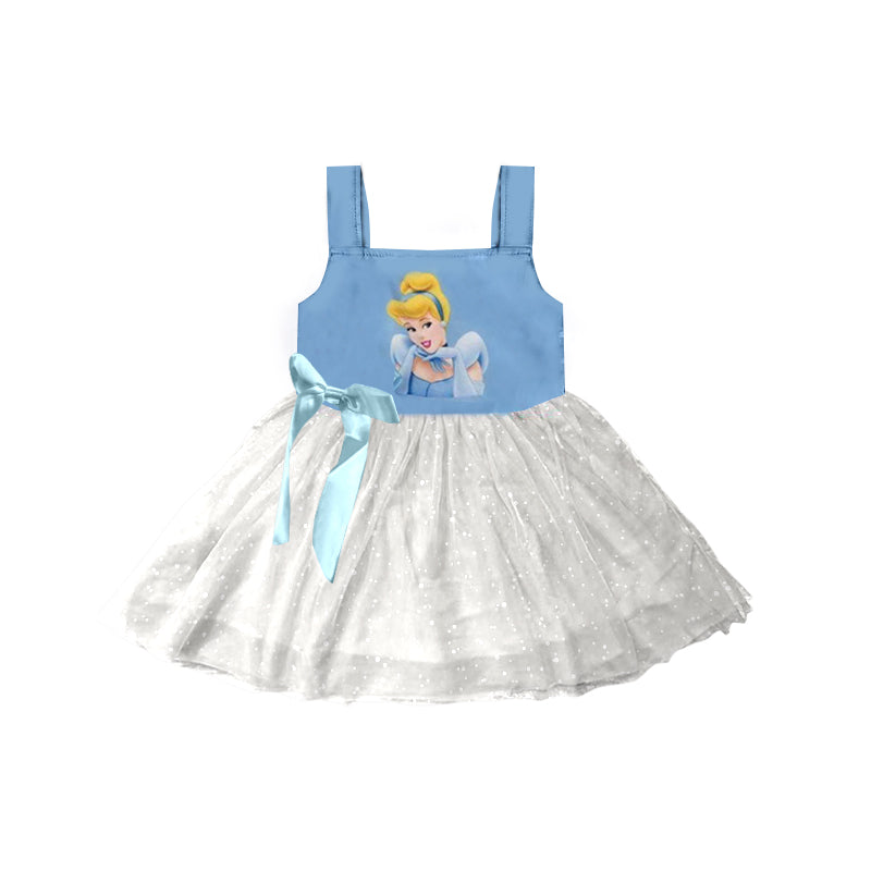 (Custom Design Preorder MOQ 5) Cartoon Princess Blue Print Girls Knee Length Summer Tulle Dress