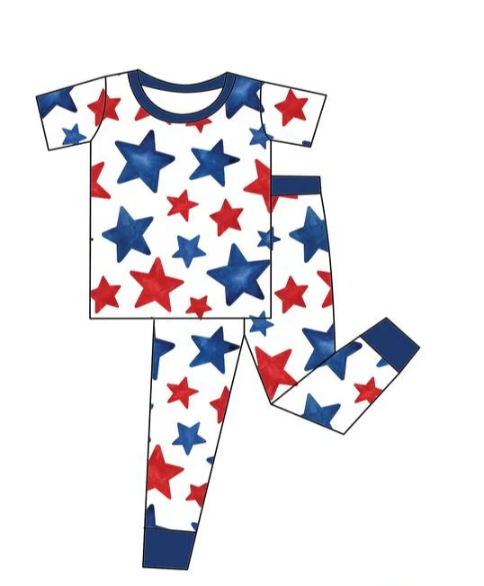 (Custom Design Preorder MOQ 5) Stars Print Kids 4th of July Pajamas Clothes Set