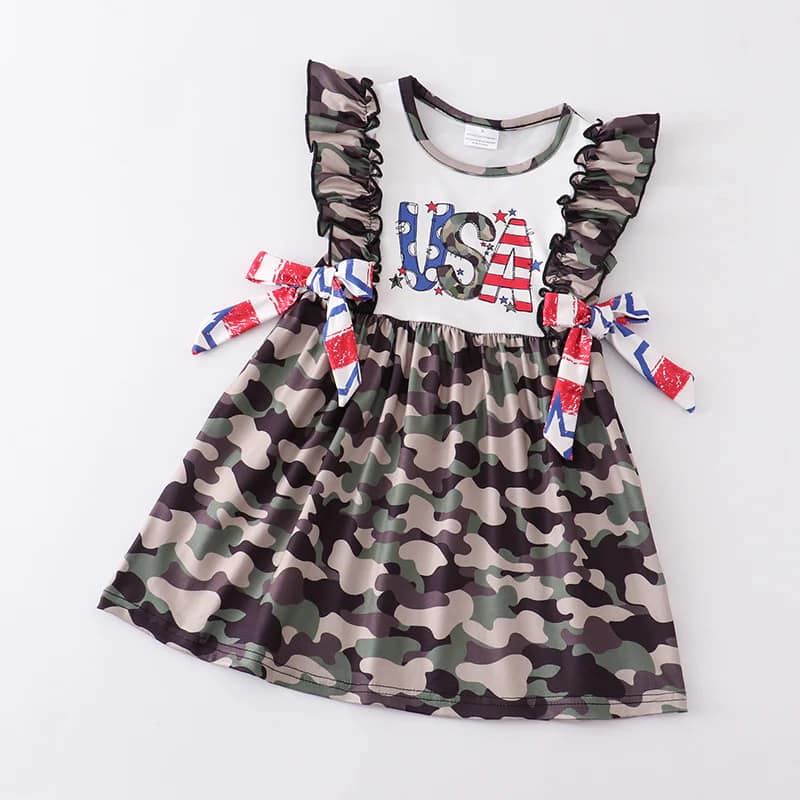 (Custom Design Preorder MOQ 5) USA Camo Print Girls Knee Length 4th of July Dress