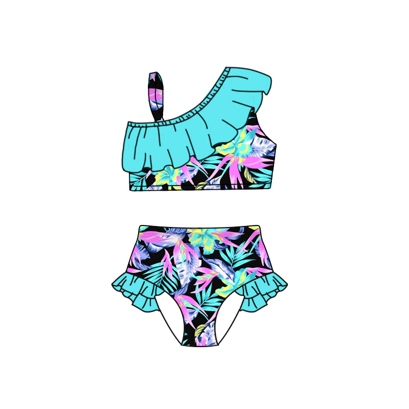 (Custom Design Preorder MOQ 5) Aqua Leaf Print Girls 2 Pieces Swimsuits