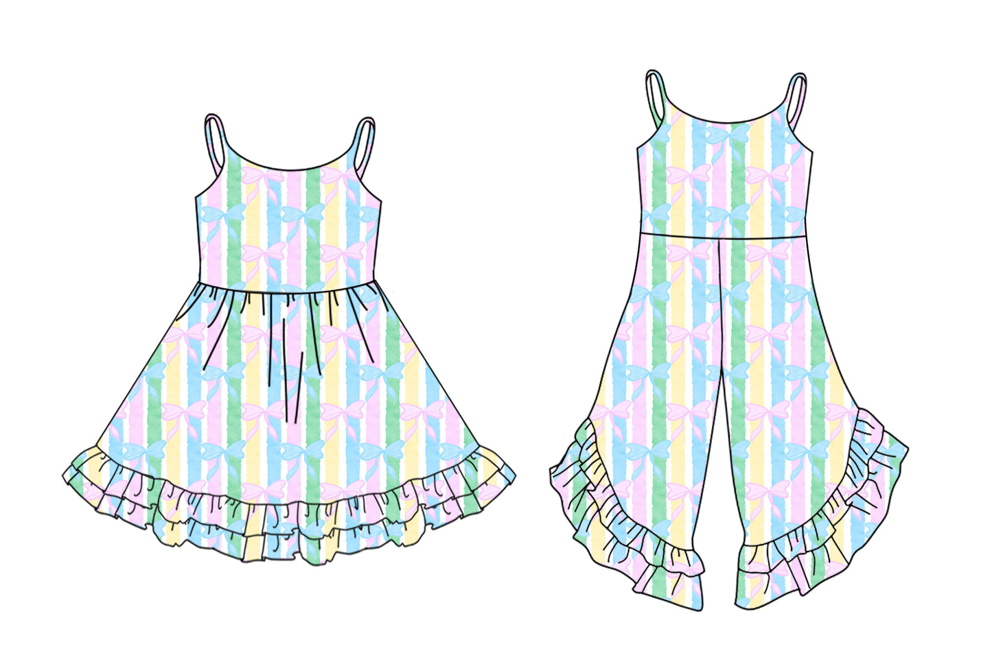 12.4 (Custom Design Preorder MOQ 5 Each Design) Bows Stripes Print Girls Summer Matching Clothes Sisters Wear