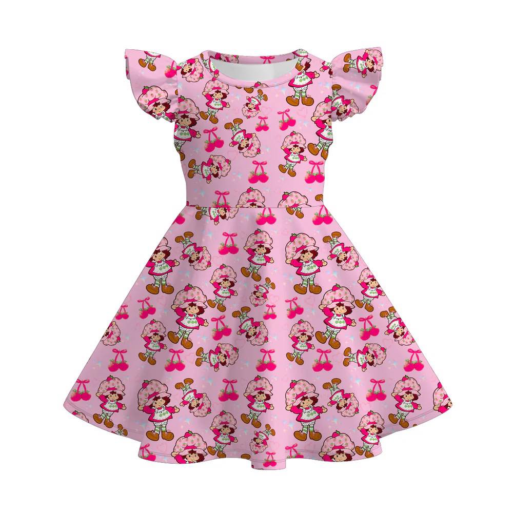 (Custom Design Preorder MOQ 5) Strawberry Pink Print Girls Summer Knee Length Dress